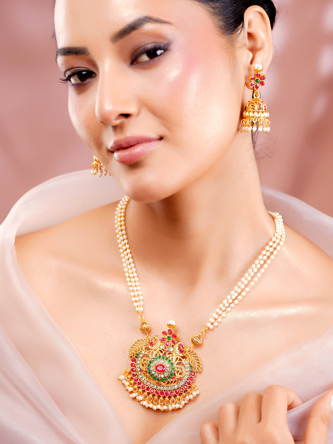 Rubans 24K Gold Plated Handcrafted Ruby Stone Temple Necklace Set Gold