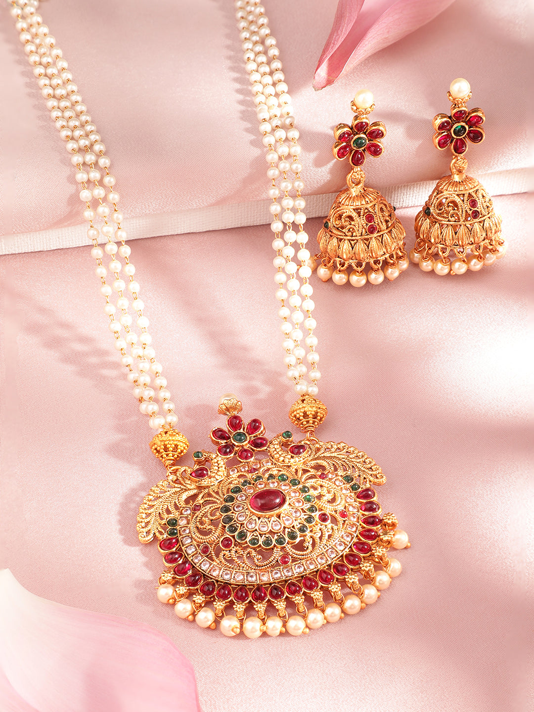 Rubans 24K Gold Plated Handcrafted Ruby Stone Temple Necklace Set Gold
