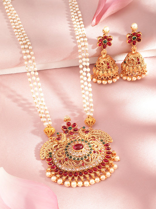 Rubans 24K Gold Plated Handcrafted Ruby Stone Temple Necklace Set Gold
