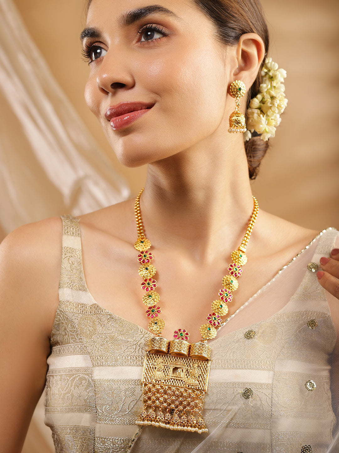 Rubans 24K Gold Plated Handcrafted Ruby Stone Temple Necklace Set Gold