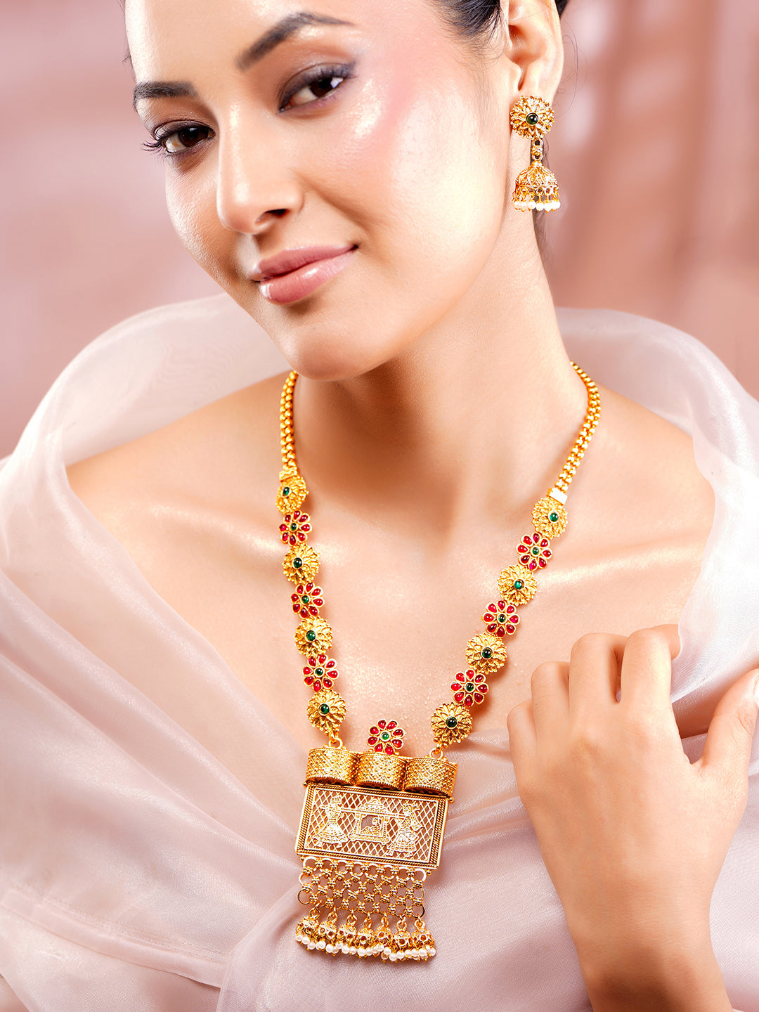Rubans 24K Gold Plated Handcrafted Ruby Stone Temple Necklace Set Gold