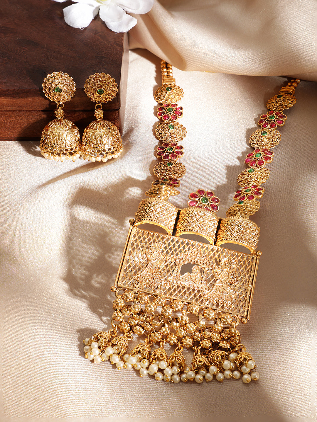 Rubans 24K Gold Plated Handcrafted Ruby Stone Temple Necklace Set Gold