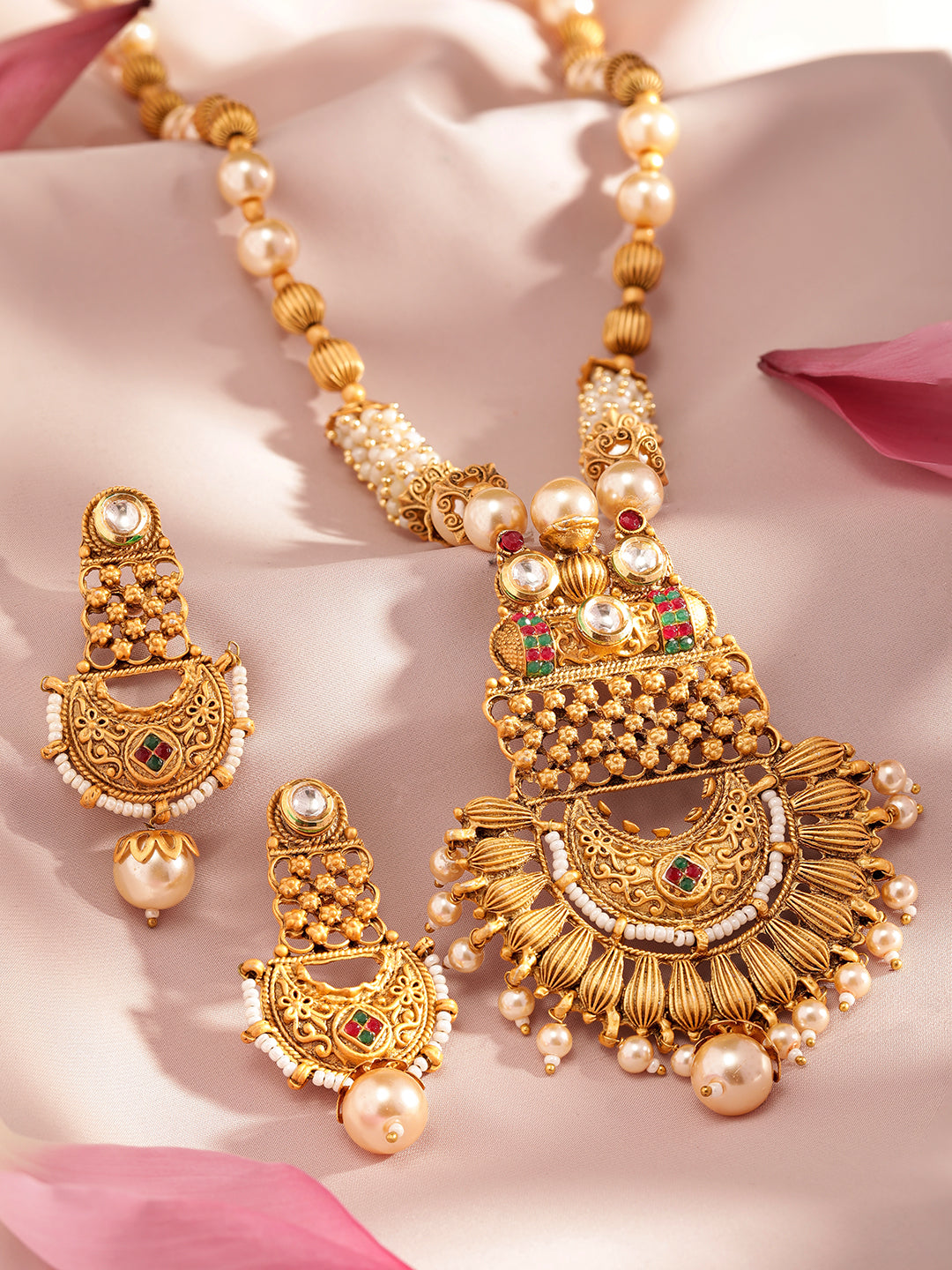 Rubans 22K Gold-Plated White, Red & Green Stone & Gold Pearl Beaded Handcrafted Jewellery Set Gold