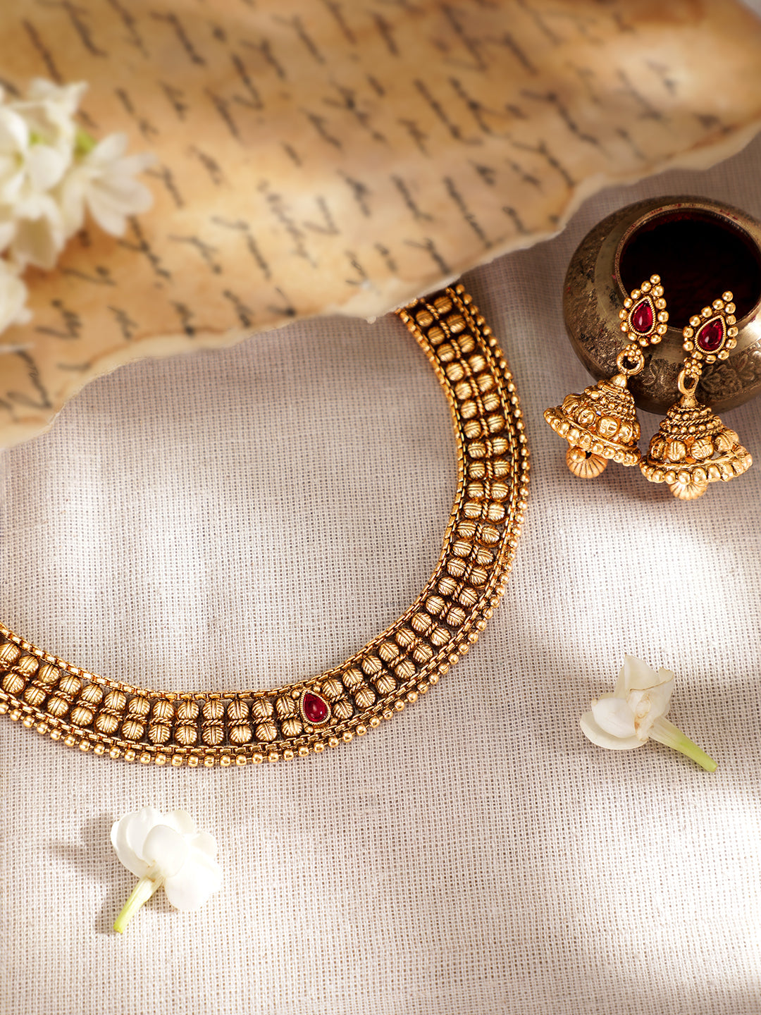 Rubans 22K Gold-Plated Ruby Pink & Kundan Studded Temple Necklace Set with Jhumka Earrings Gold
