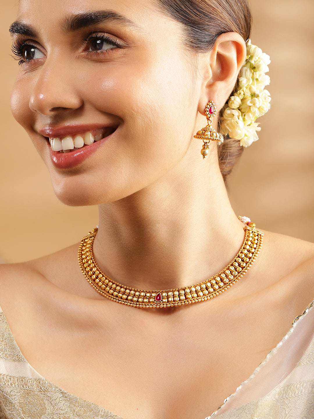 Rubans 22K Gold-Plated Ruby Pink & Kundan Studded Temple Necklace Set with Jhumka Earrings Gold