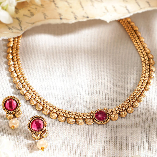 Rubans 18K Gold-Plated Ruby Studded & Pearl Drops Handcrafted Jewellery Set Gold