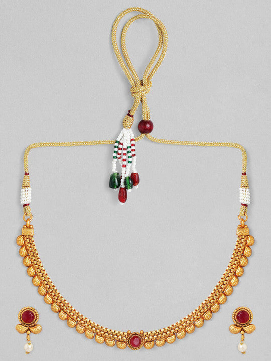 【Rubans】 18K Gold-Plated Ruby Studded & Pearl Drops Handcrafted Jewellery Set｜18Kゴールドプレーテッド ルビースタッド＆パールドロップ ハンドクラフト ジュエリーセット｜Gold