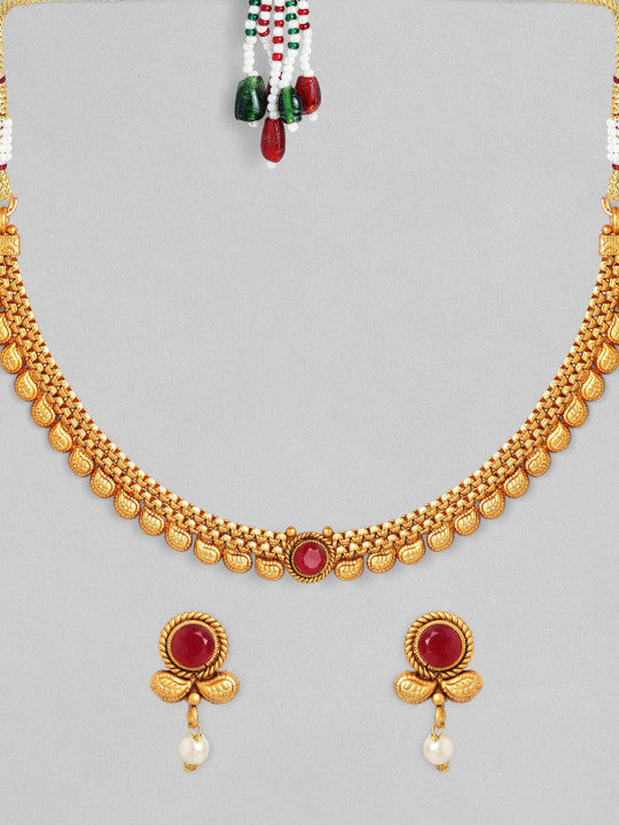 【Rubans】 18K Gold-Plated Ruby Studded & Pearl Drops Handcrafted Jewellery Set｜18Kゴールドプレーテッド ルビースタッド＆パールドロップ ハンドクラフト ジュエリーセット｜Gold