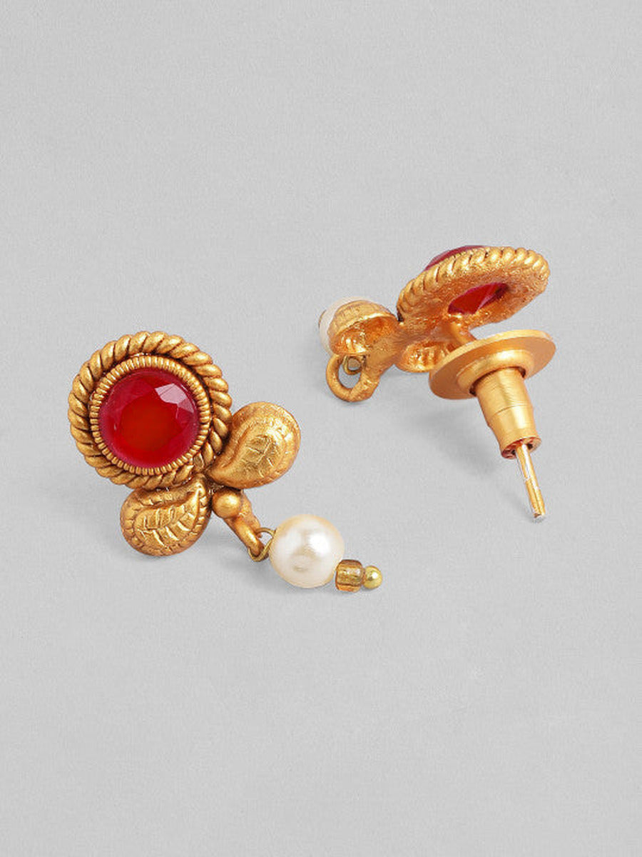 【Rubans】 18K Gold-Plated Ruby Studded & Pearl Drops Handcrafted Jewellery Set｜18Kゴールドプレーテッド ルビースタッド＆パールドロップ ハンドクラフト ジュエリーセット｜Gold