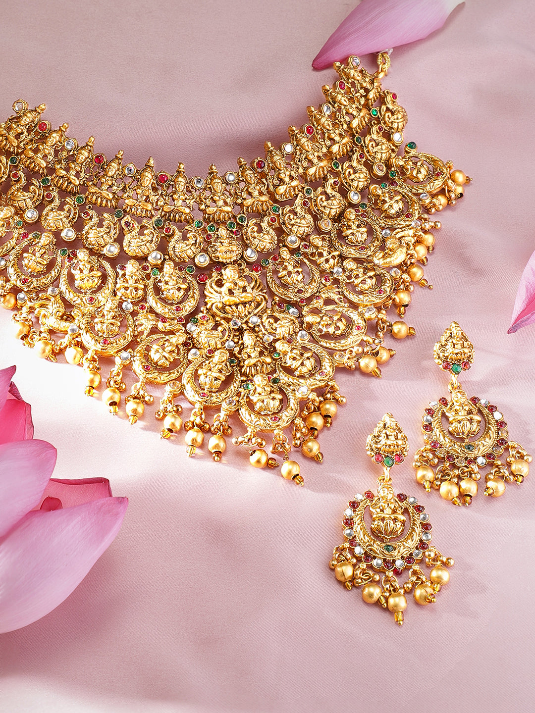 Rubans 22K Gold Plated Red, Green & White Stone Studded Lakshmi Motif Temple Jewellery Set Gold