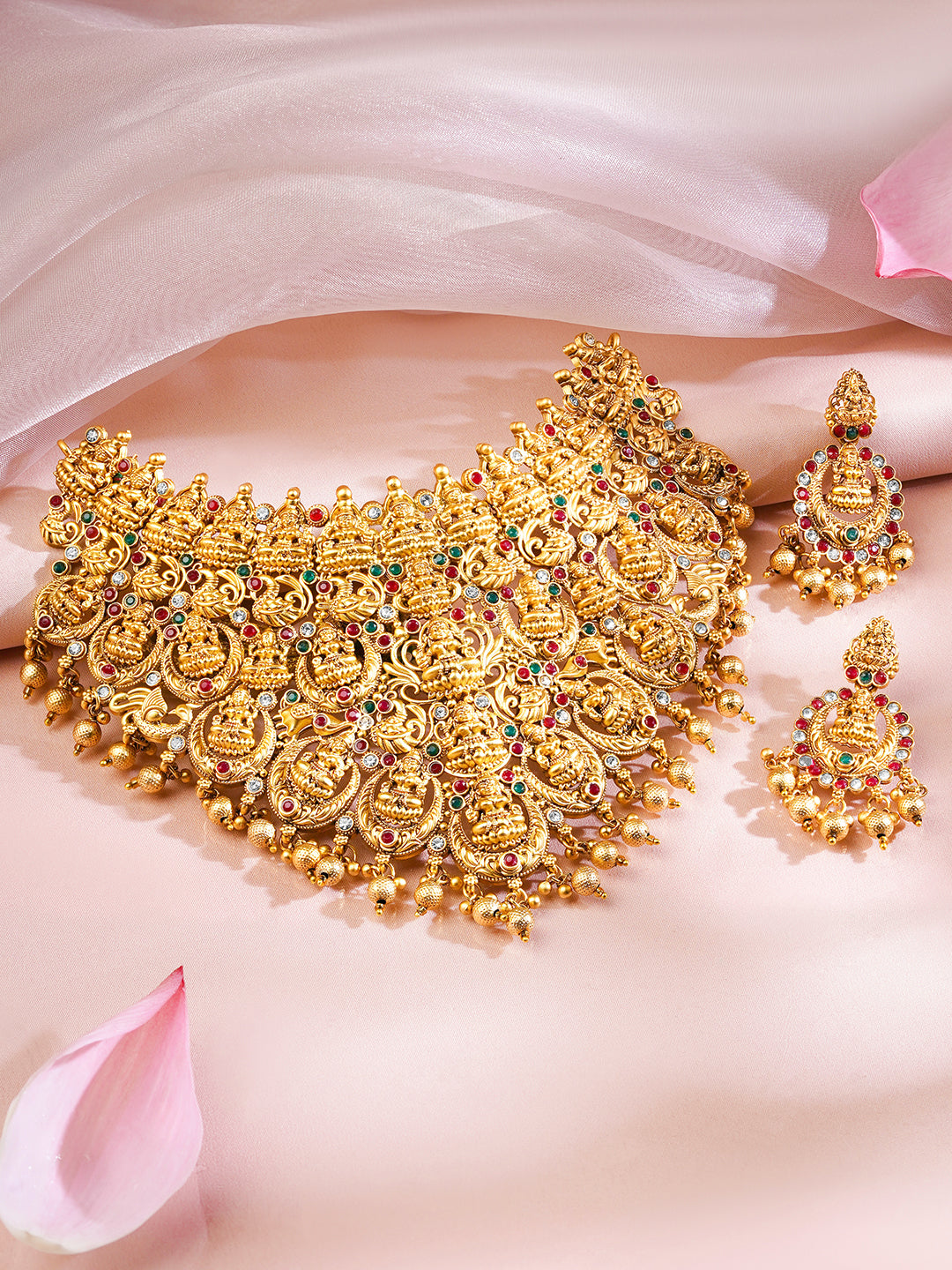 Rubans 22K Gold Plated Red, Green & White Stone Studded Lakshmi Motif Temple Jewellery Set Gold