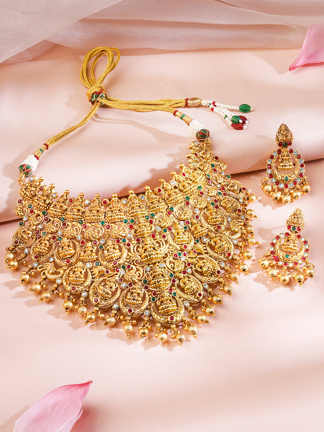 Rubans 22K Gold Plated Red, Green & White Stone Studded Lakshmi Motif Temple Jewellery Set Gold