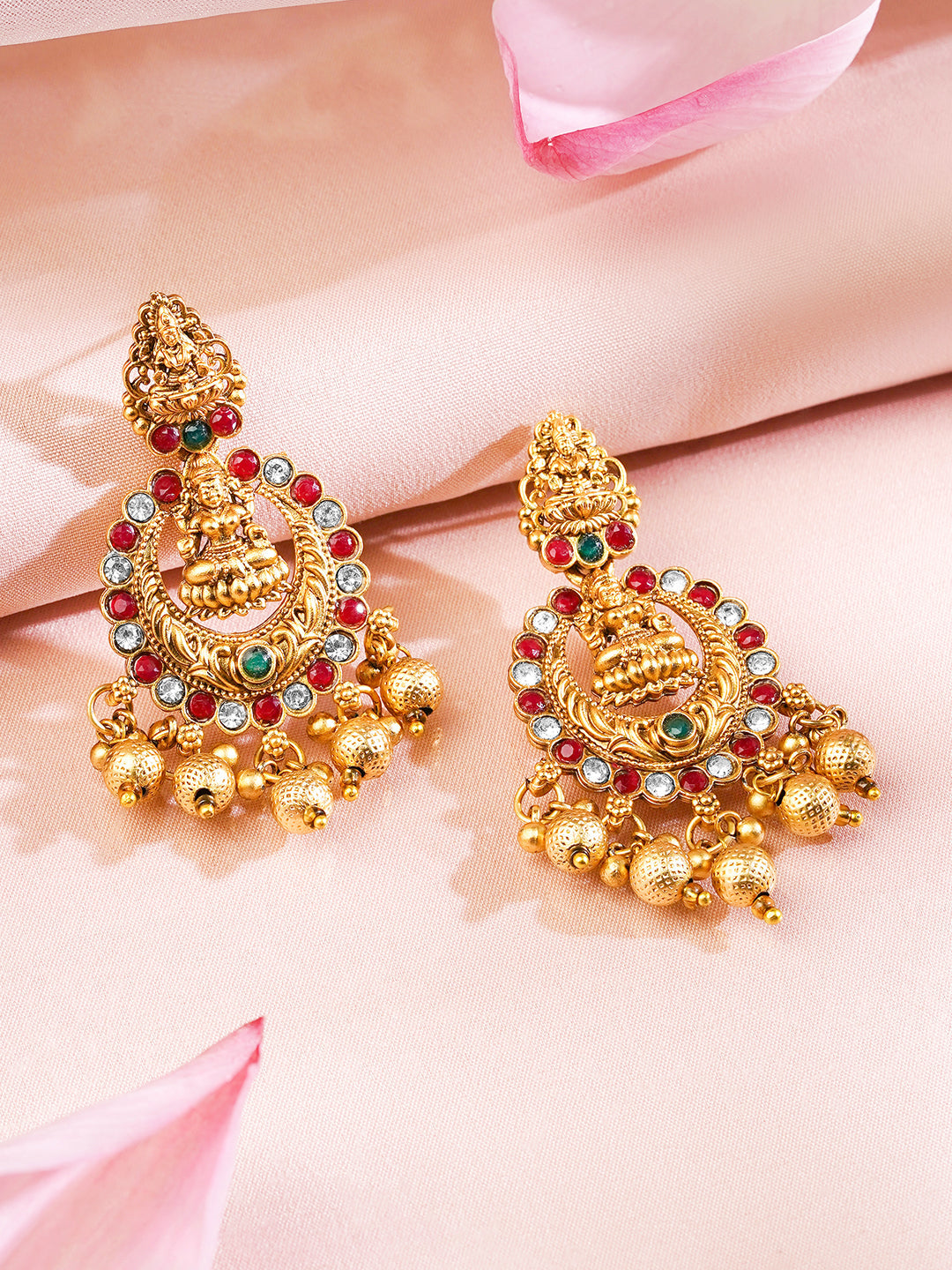 Rubans 22K Gold Plated Red, Green & White Stone Studded Lakshmi Motif Temple Jewellery Set Gold