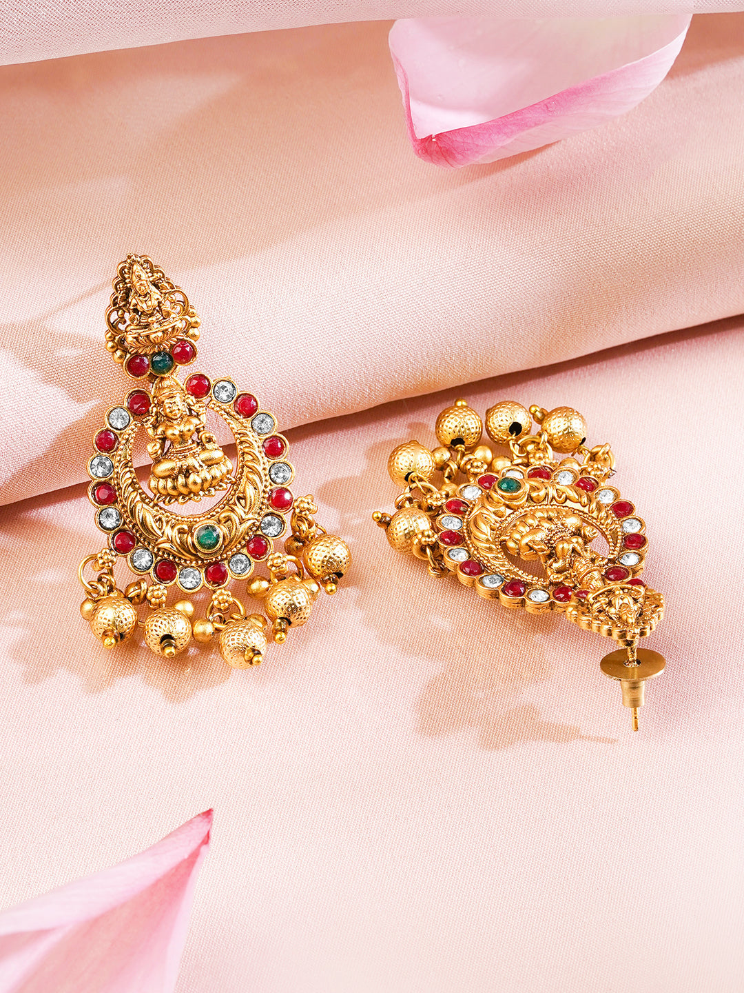 Rubans 22K Gold Plated Red, Green & White Stone Studded Lakshmi Motif Temple Jewellery Set Gold