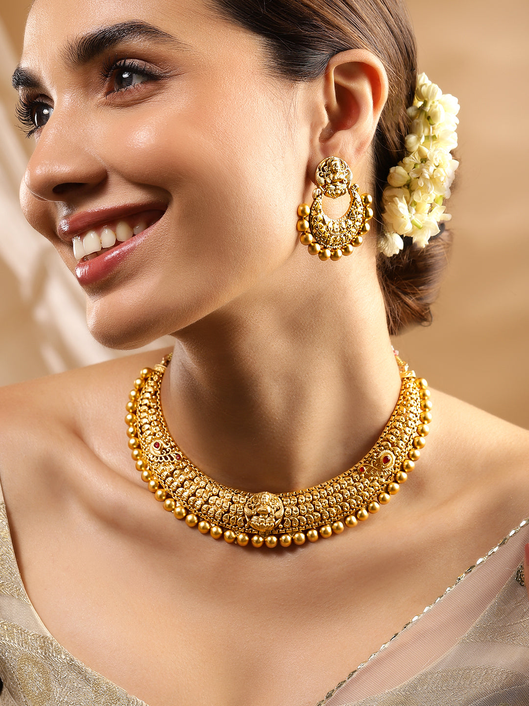 Rubans 24K Gold Plated Matt Finish Necklace Set With Beautiful Design Gold