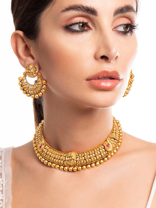 Rubans 24K Gold Plated Matt Finish Necklace Set With Beautiful Design Gold