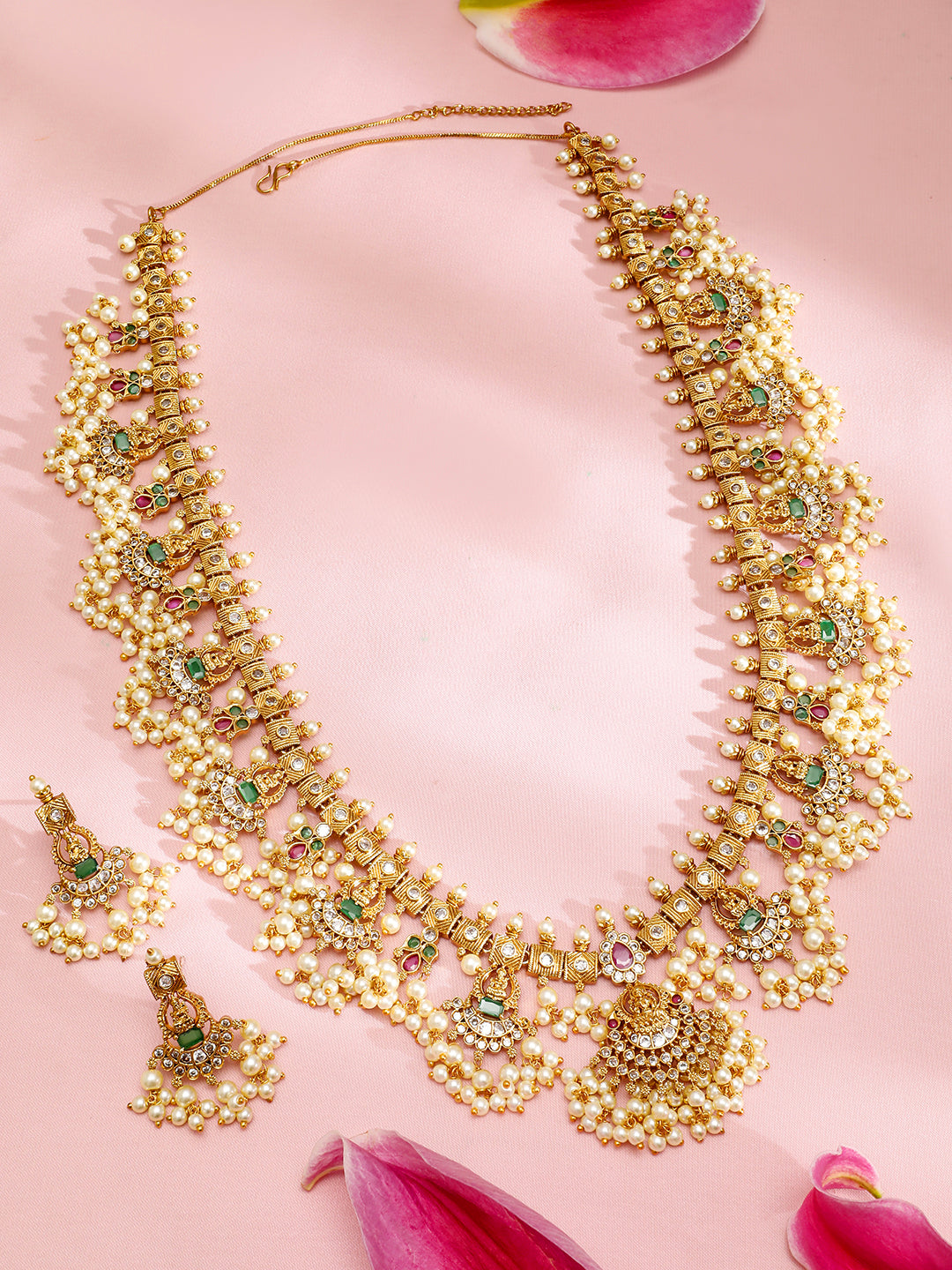 Pearl Beaded Temple Necklace Set Multicolor