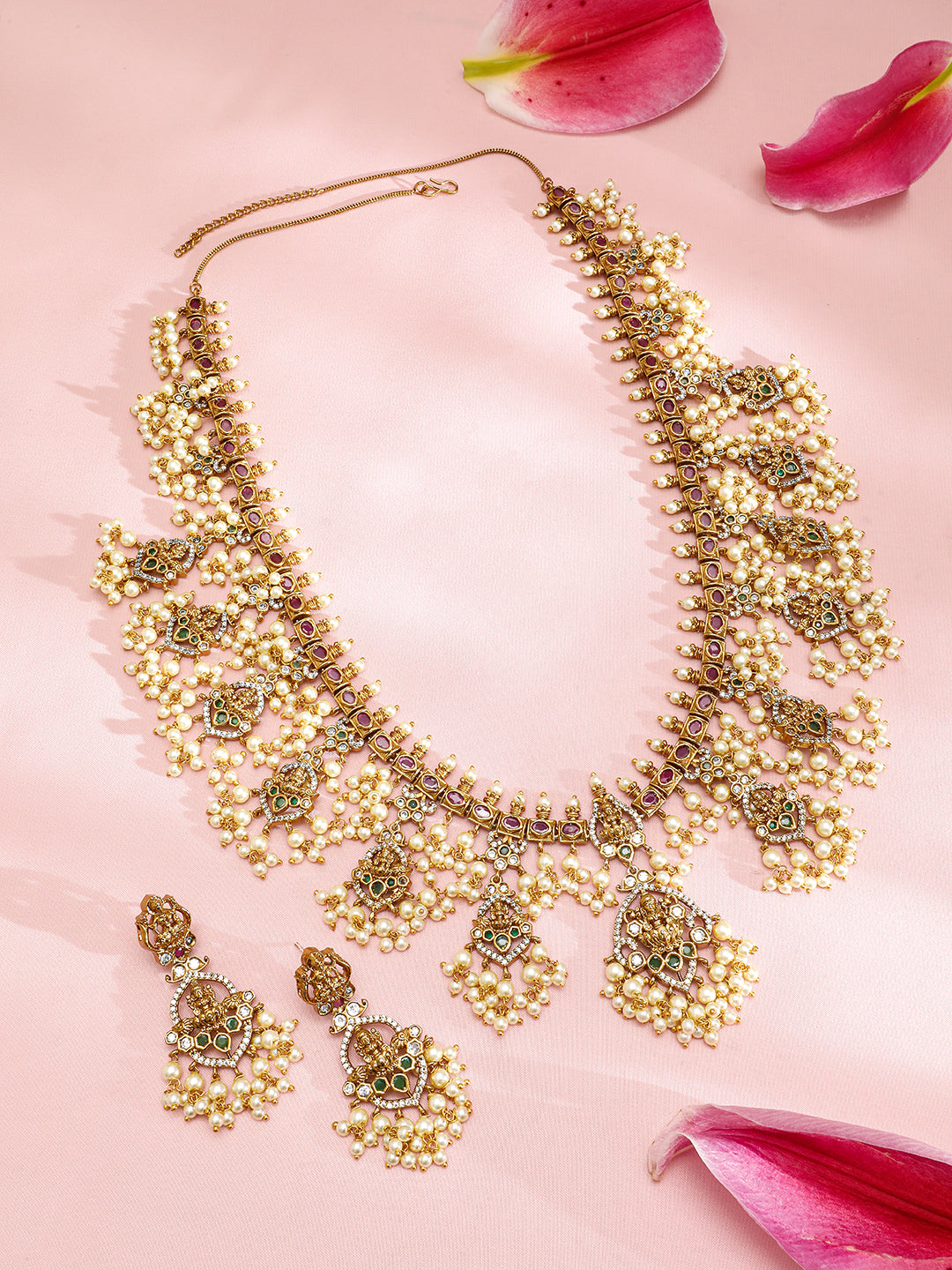 American Diamond Zirconia Studded Pearl Temple Necklace Set Gold