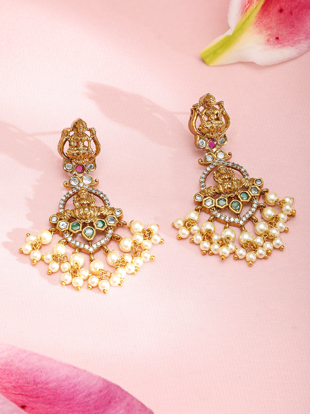 American Diamond Zirconia Studded Pearl Temple Necklace Set Gold