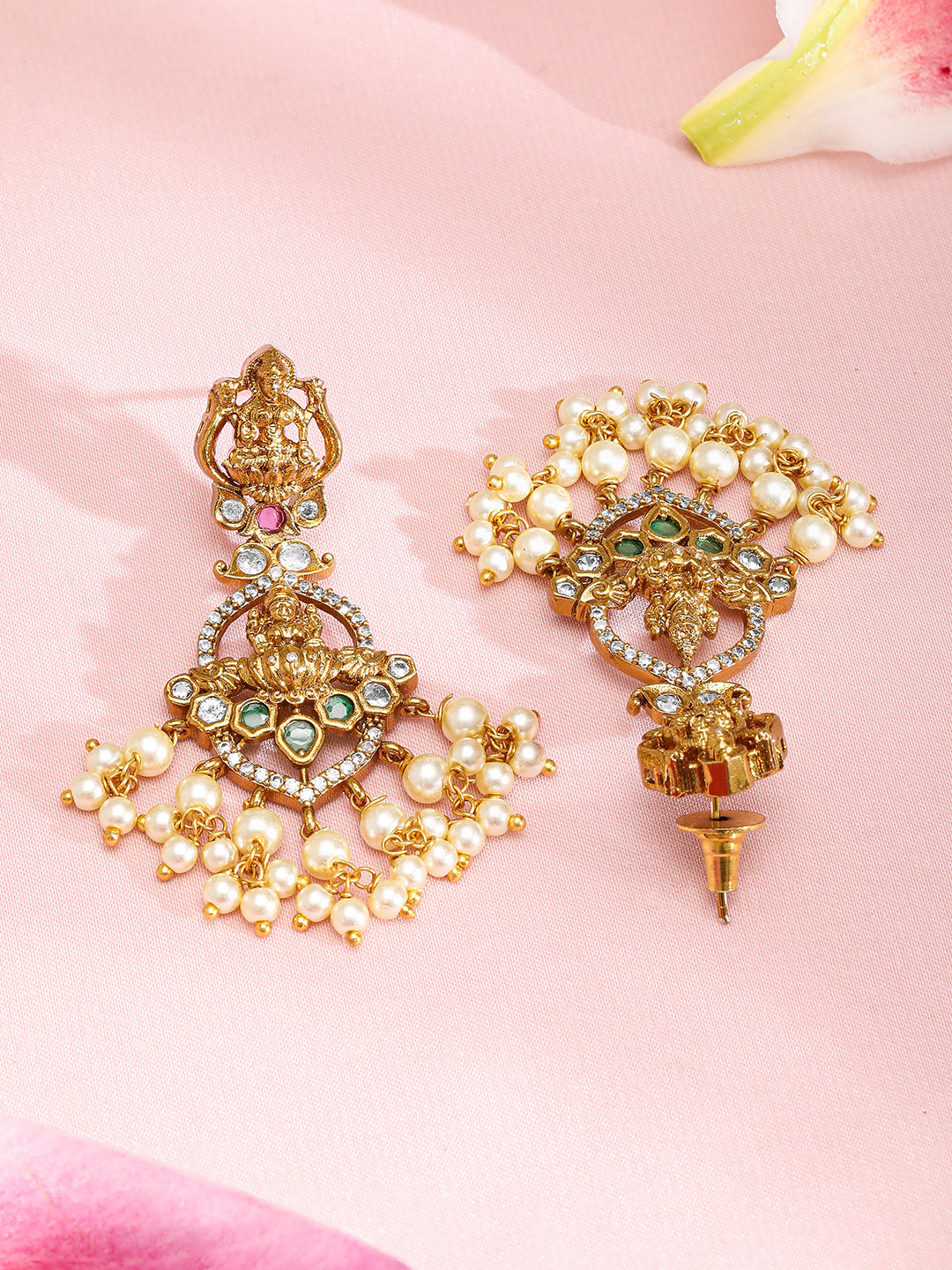American Diamond Zirconia Studded Pearl Temple Necklace Set Gold
