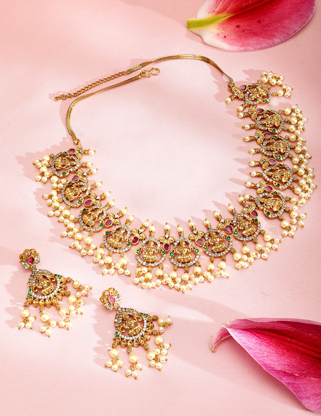 American Diamond Zirconia Pearl Drop Temple Necklace Set フリーサイズ