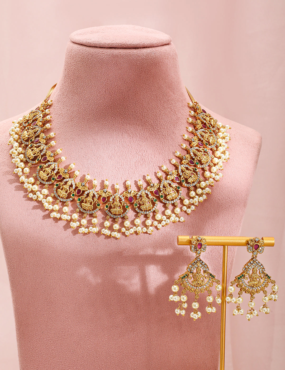 American Diamond Zirconia Pearl Drop Temple Necklace Set フリーサイズ
