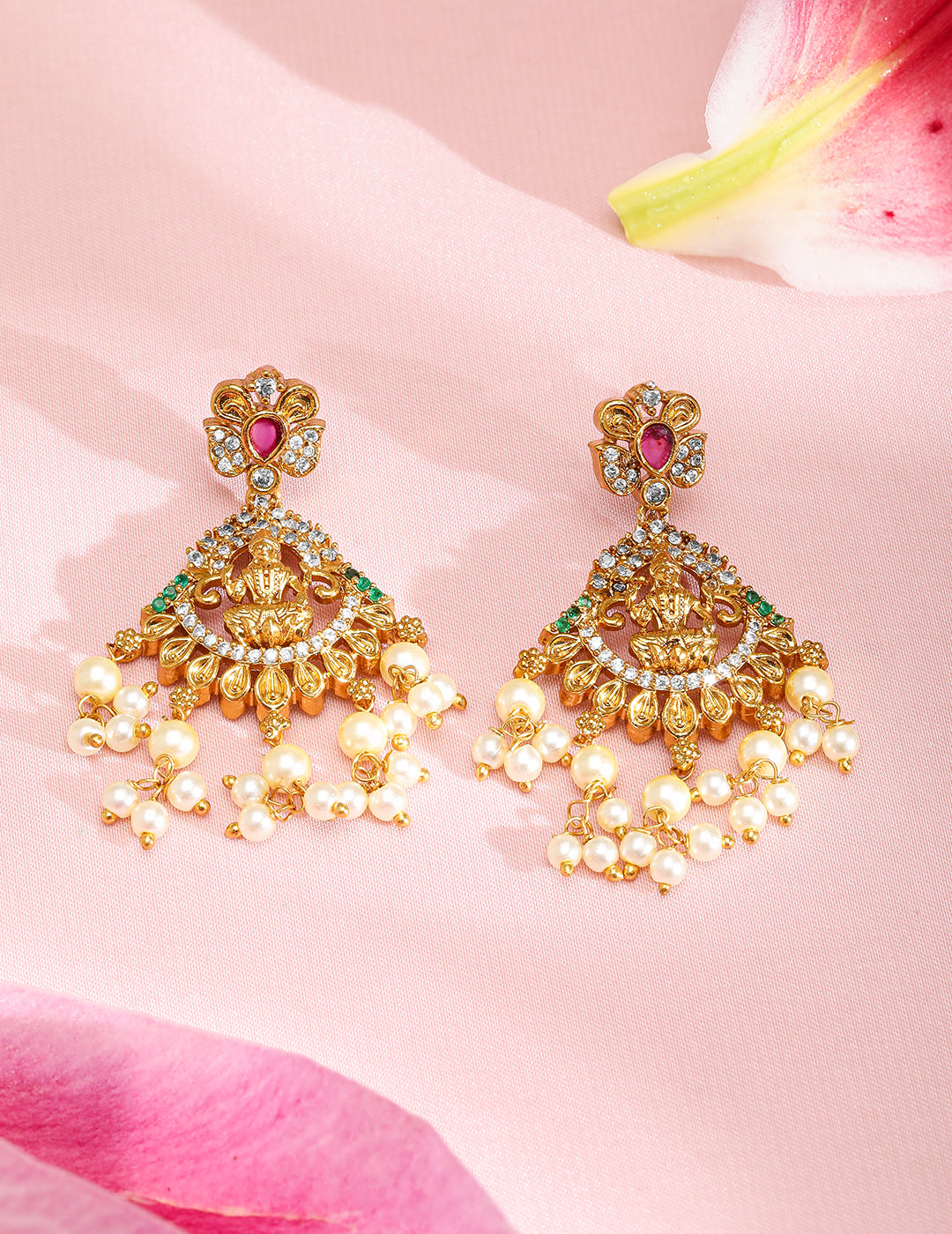 American Diamond Zirconia Pearl Drop Temple Necklace Set フリーサイズ