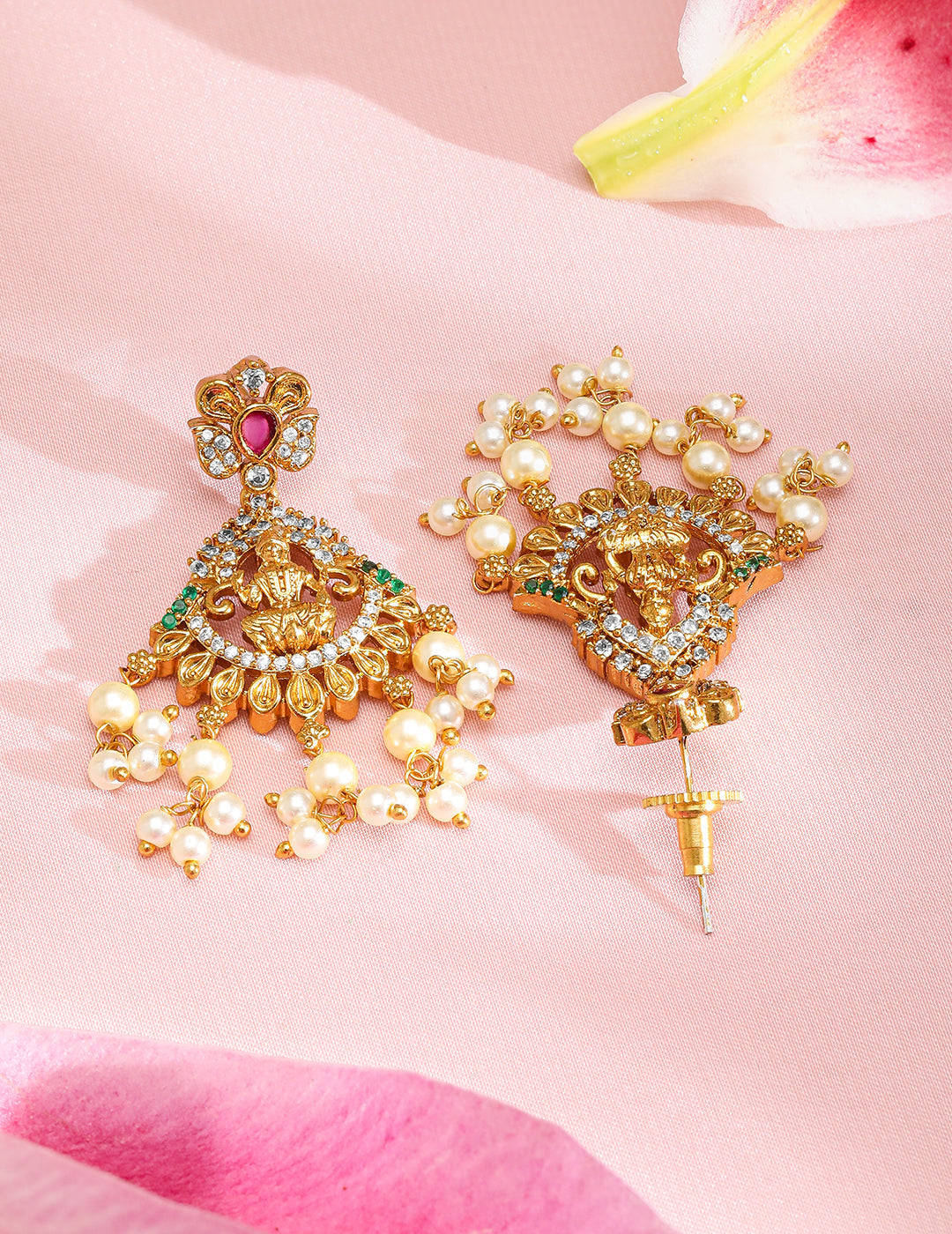 American Diamond Zirconia Pearl Drop Temple Necklace Set フリーサイズ