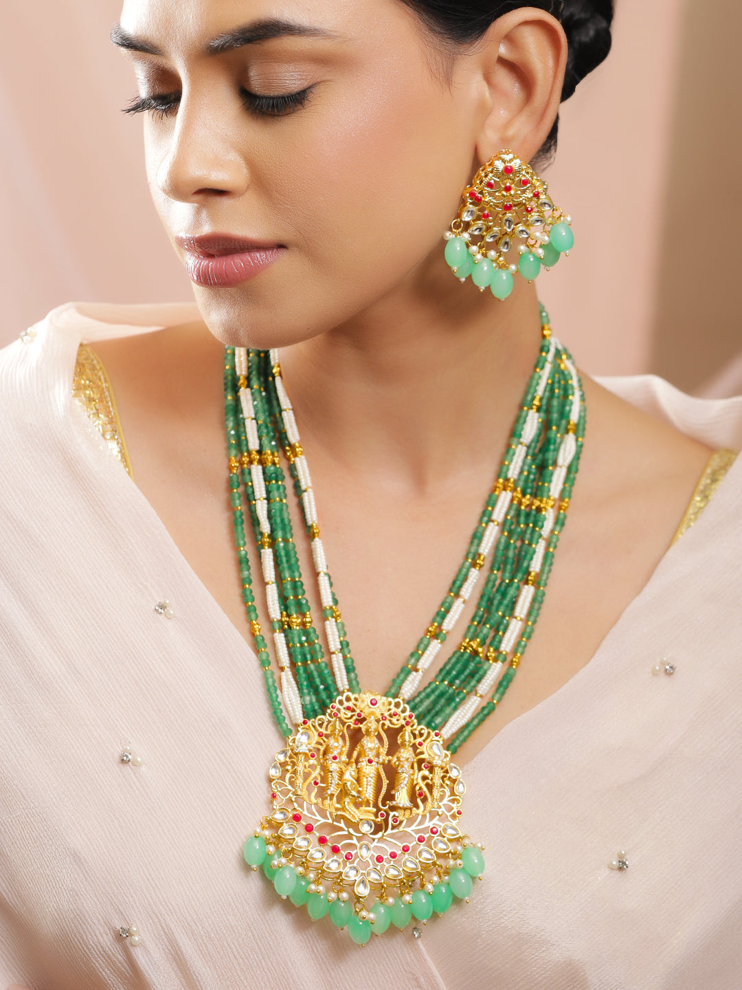Temple Queen Lakshmi Green Necklace Set フリーサイズ