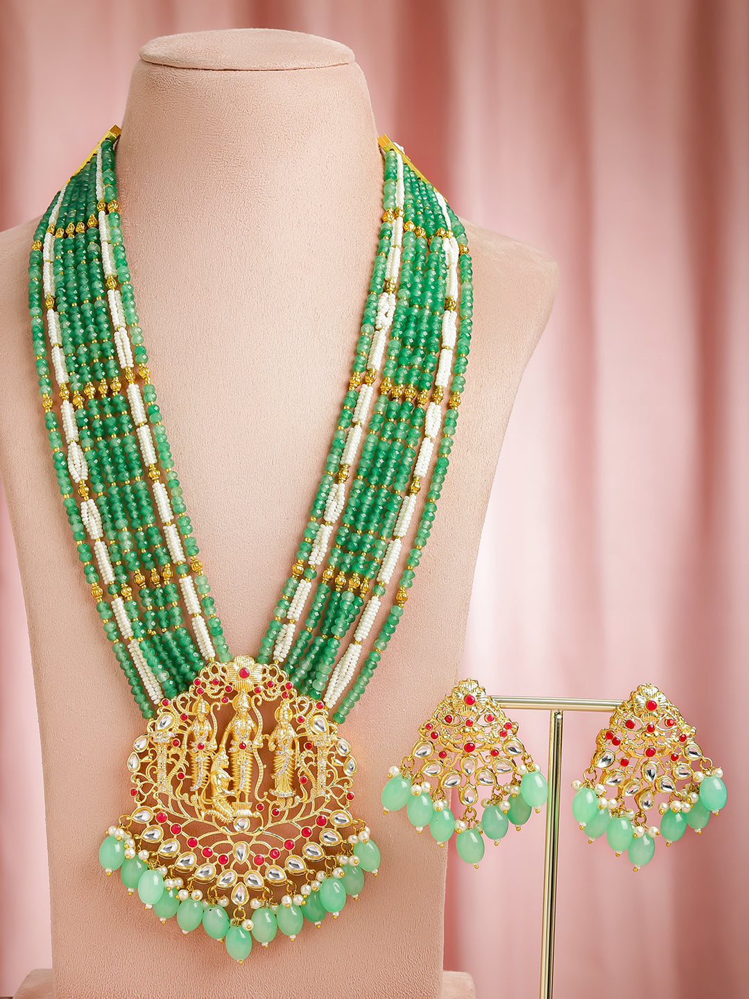 Temple Queen Lakshmi Green Necklace Set フリーサイズ