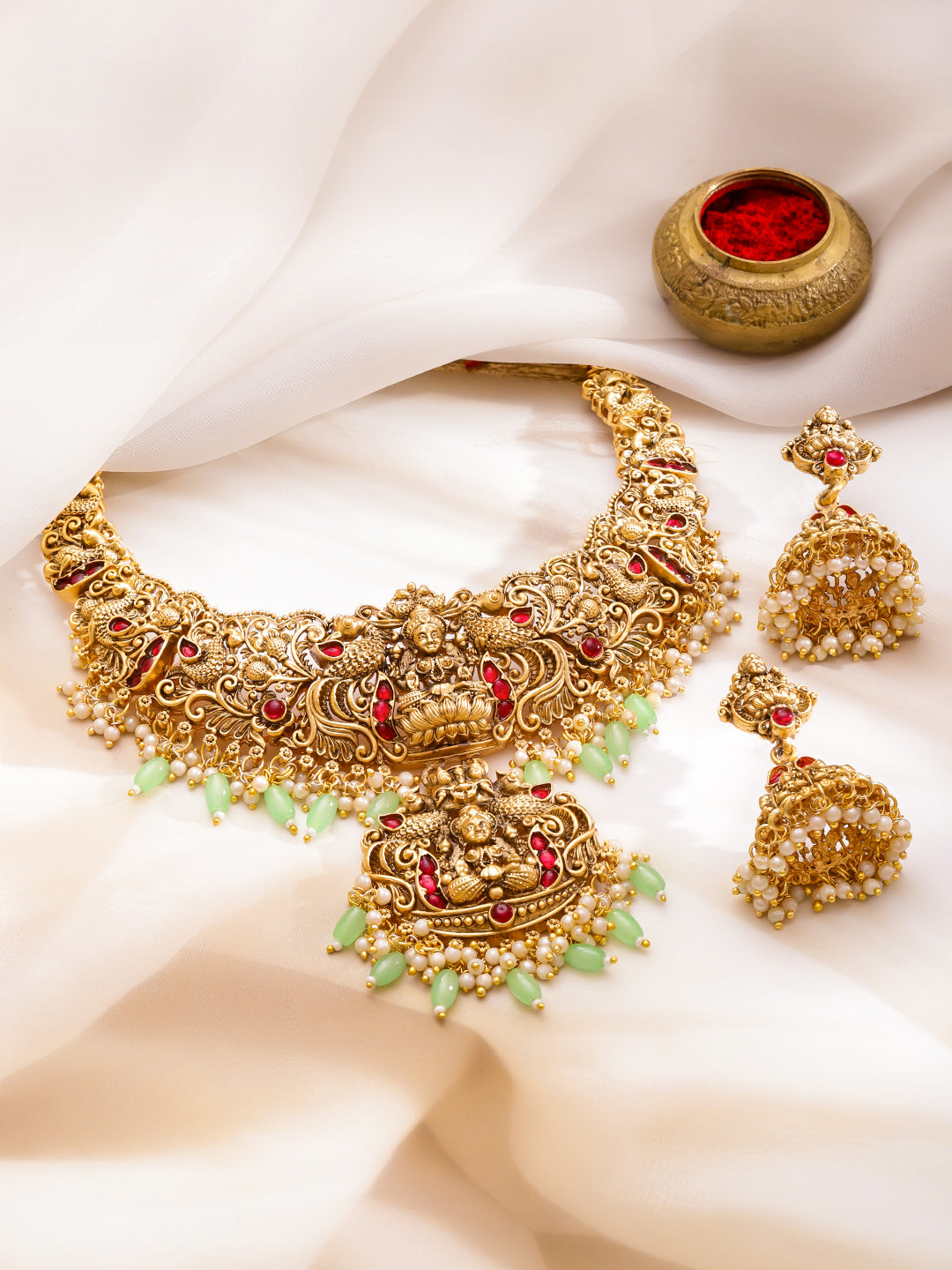 Heritage Lakshmi Green & Pink Temple Necklace Set フリーサイズ