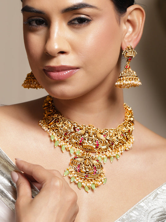 Heritage Lakshmi Green & Pink Temple Necklace Set フリーサイズ