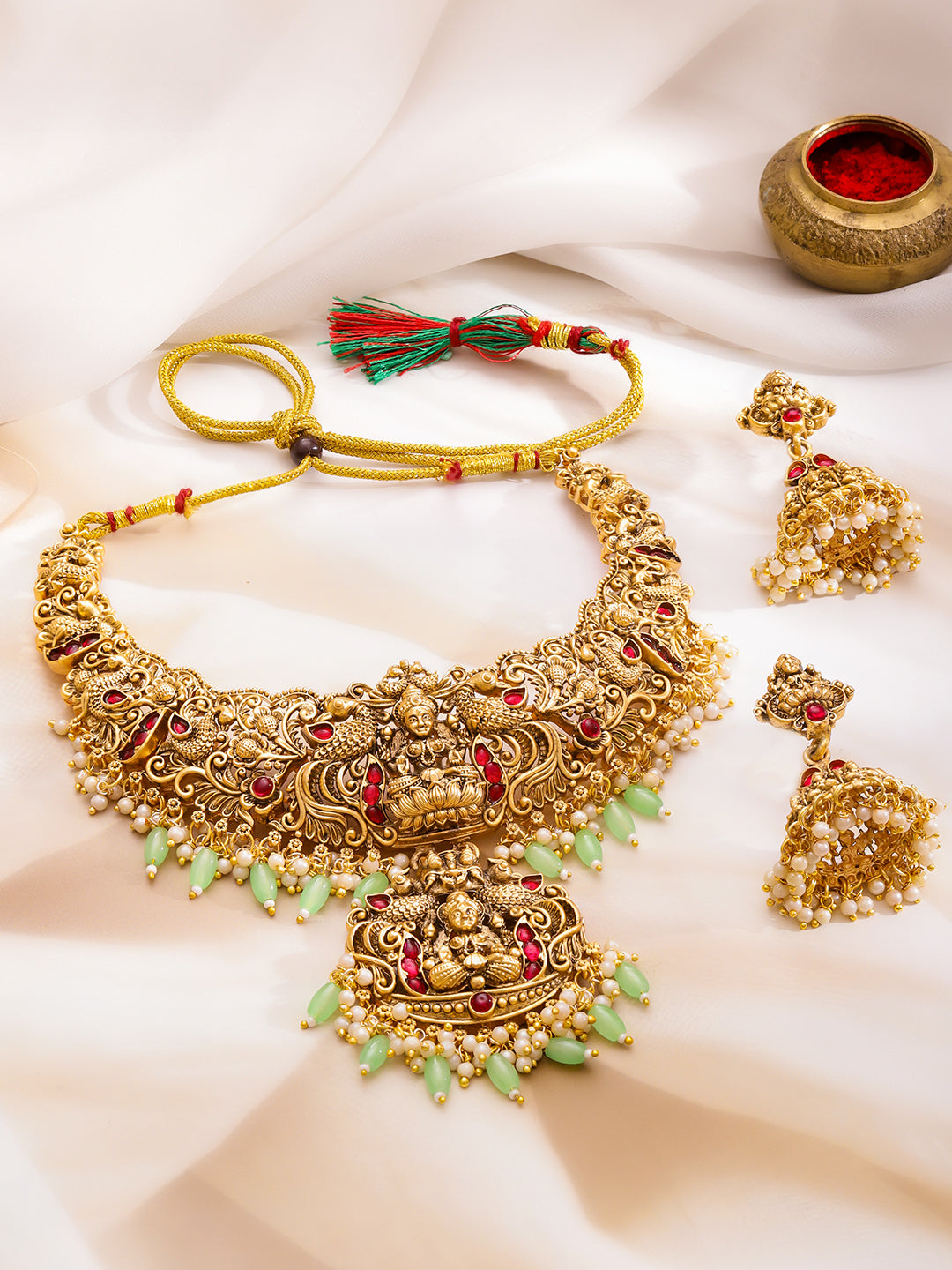 Heritage Lakshmi Green & Pink Temple Necklace Set フリーサイズ