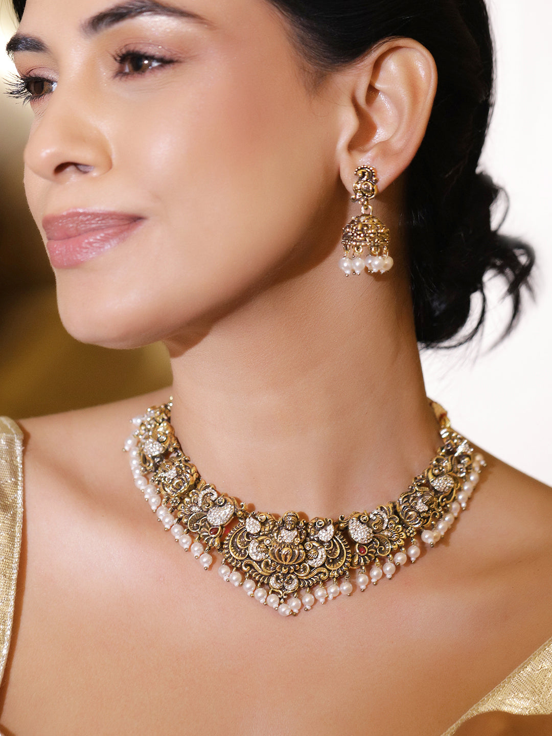 Laxmi Motif American Diamond Zirconia Necklace Set フリーサイズ