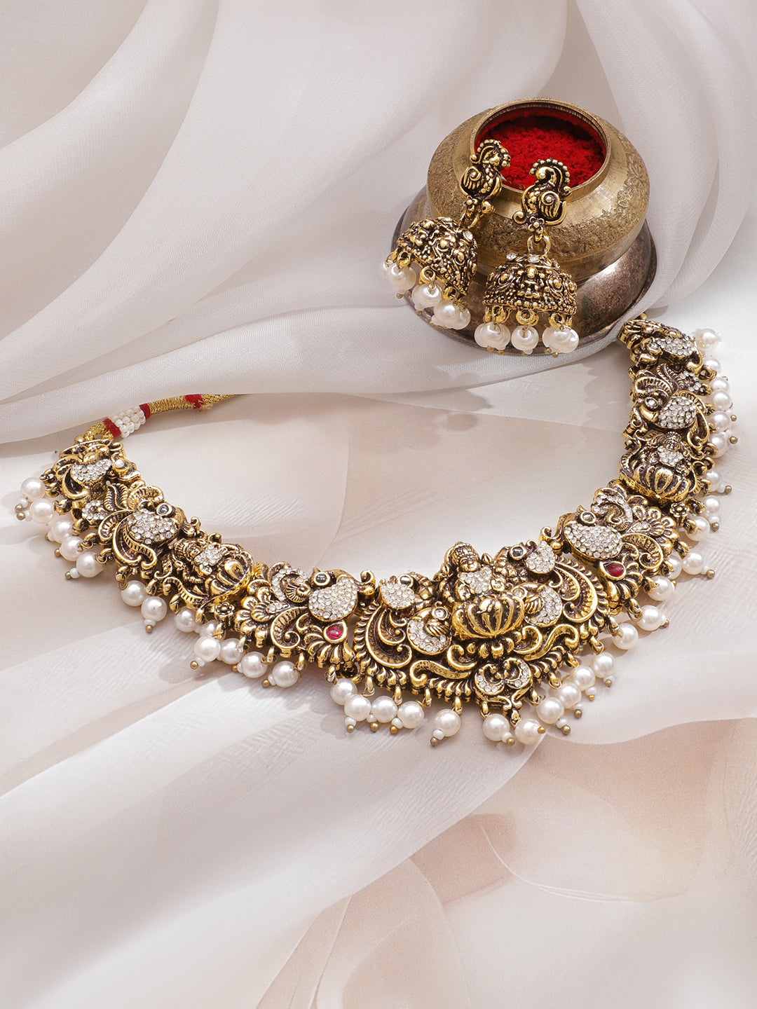 Laxmi Motif American Diamond Zirconia Necklace Set フリーサイズ