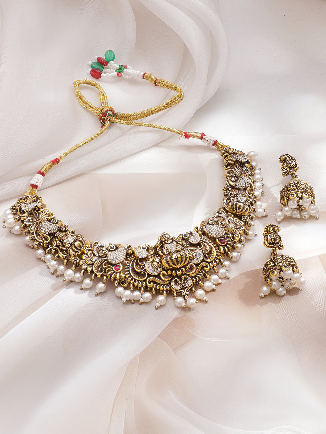 Laxmi Motif American Diamond Zirconia Necklace Set フリーサイズ