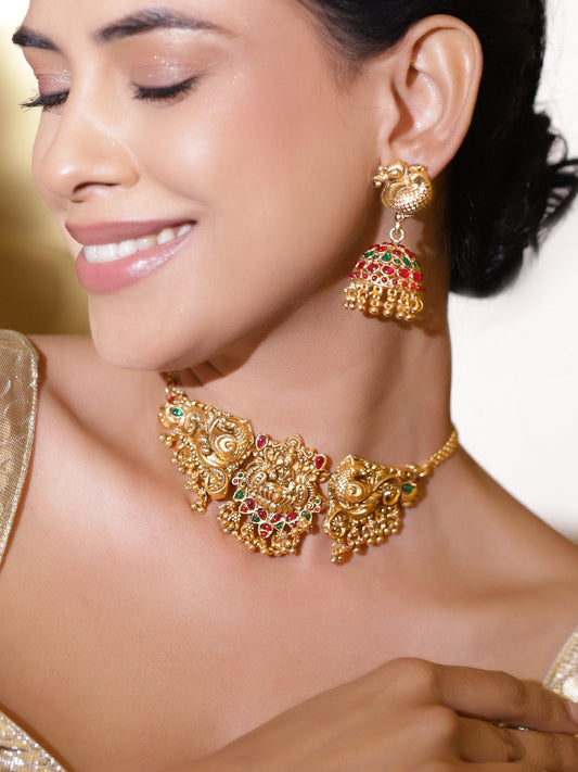 Peacock Motif Multicolor Gold Toned Choker Set フリーサイズ