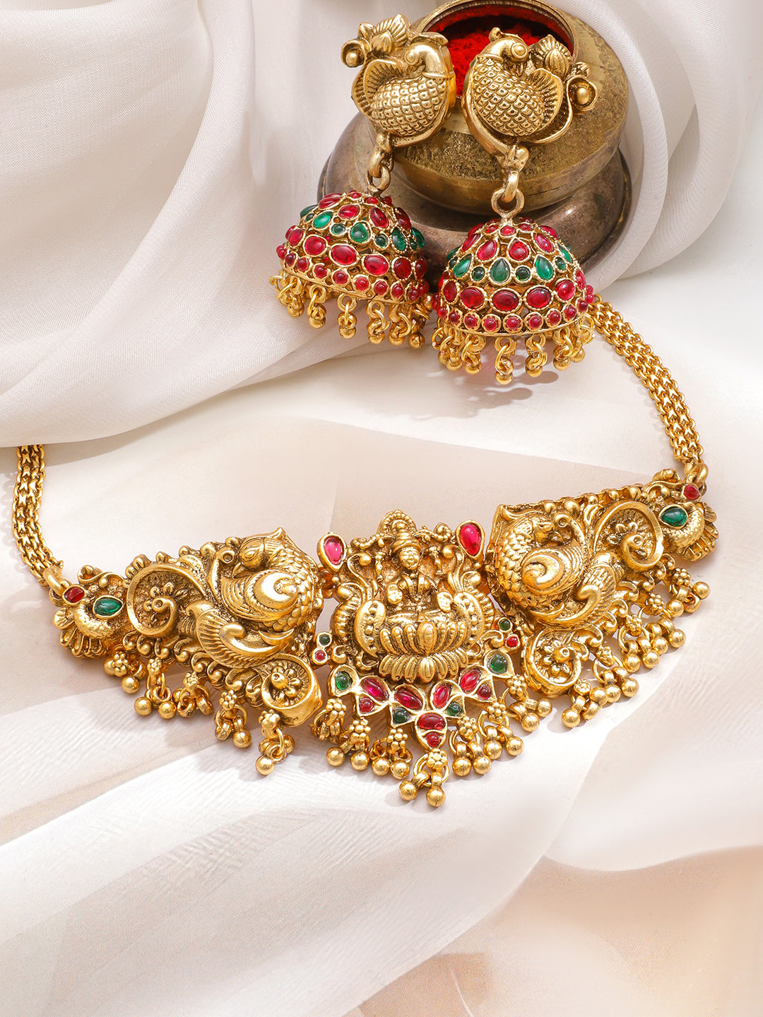 Peacock Motif Multicolor Gold Toned Choker Set フリーサイズ