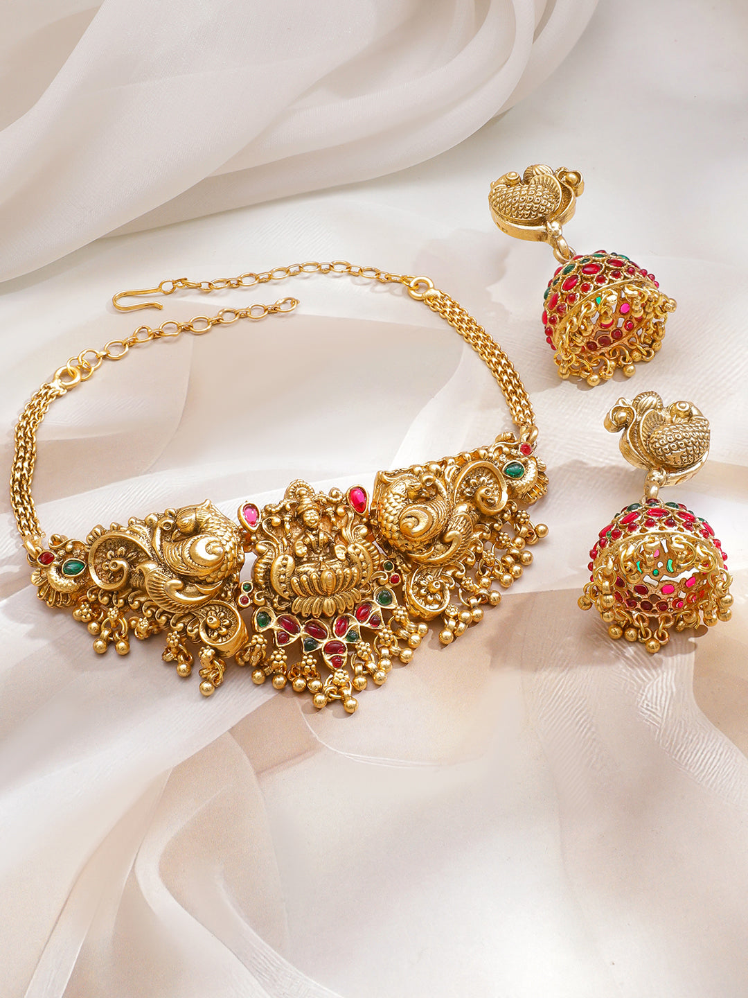 Peacock Motif Multicolor Gold Toned Choker Set フリーサイズ