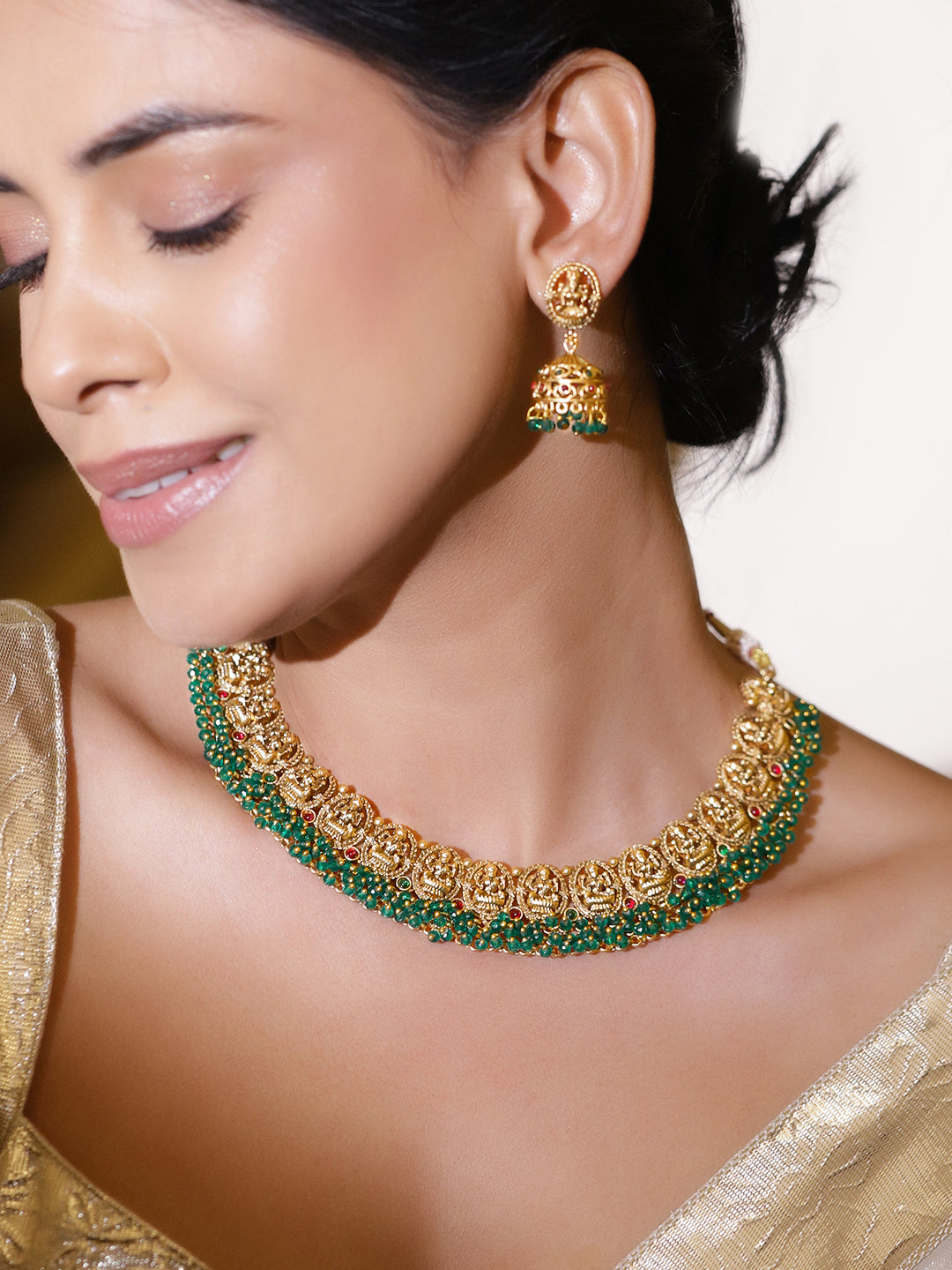 Green Beaded Laxmi Motif Necklace Set フリーサイズ
