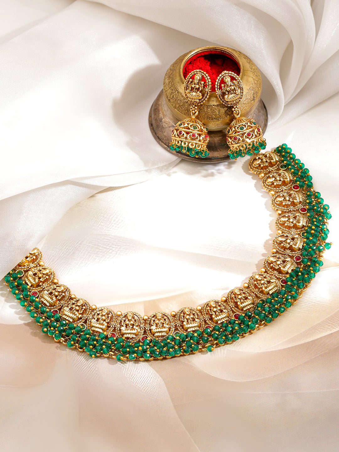 Green Beaded Laxmi Motif Necklace Set フリーサイズ