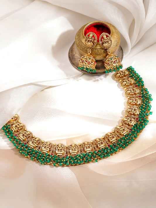 Green Beaded Laxmi Motif Necklace Set フリーサイズ