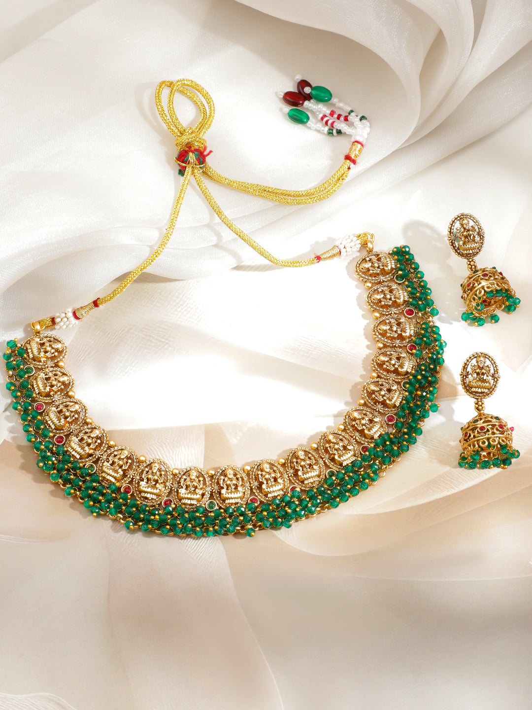 Green Beaded Laxmi Motif Necklace Set フリーサイズ