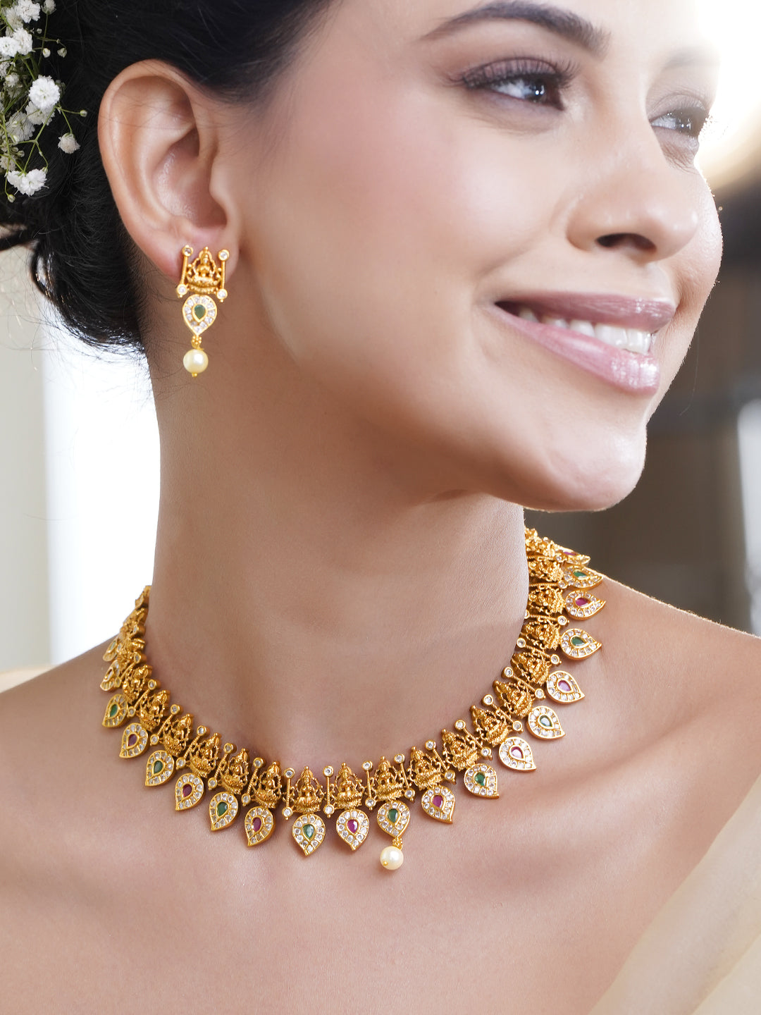 Multicolor Studded Laxmi Motif Necklace Set フリーサイズ