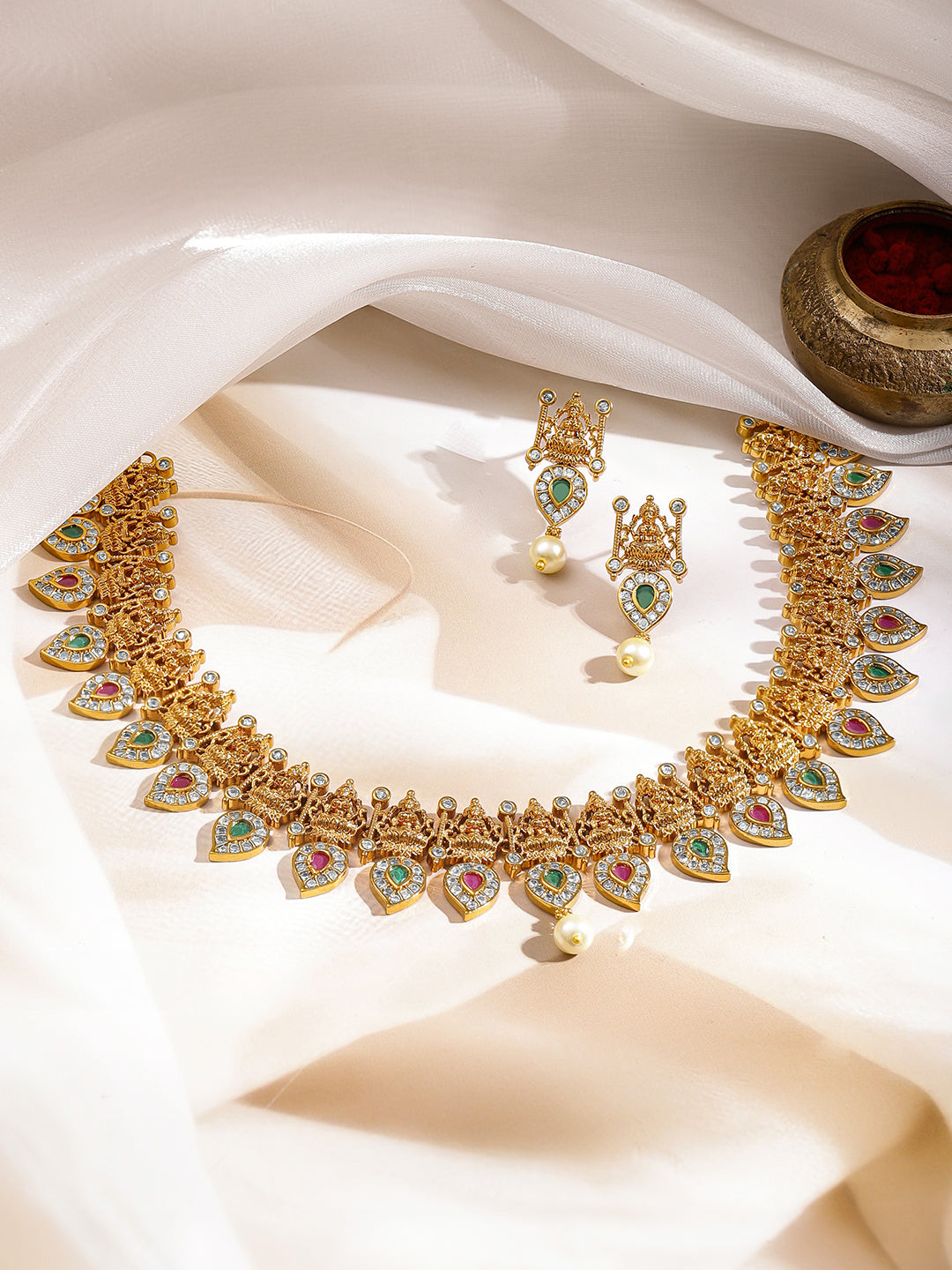 Multicolor Studded Laxmi Motif Necklace Set フリーサイズ