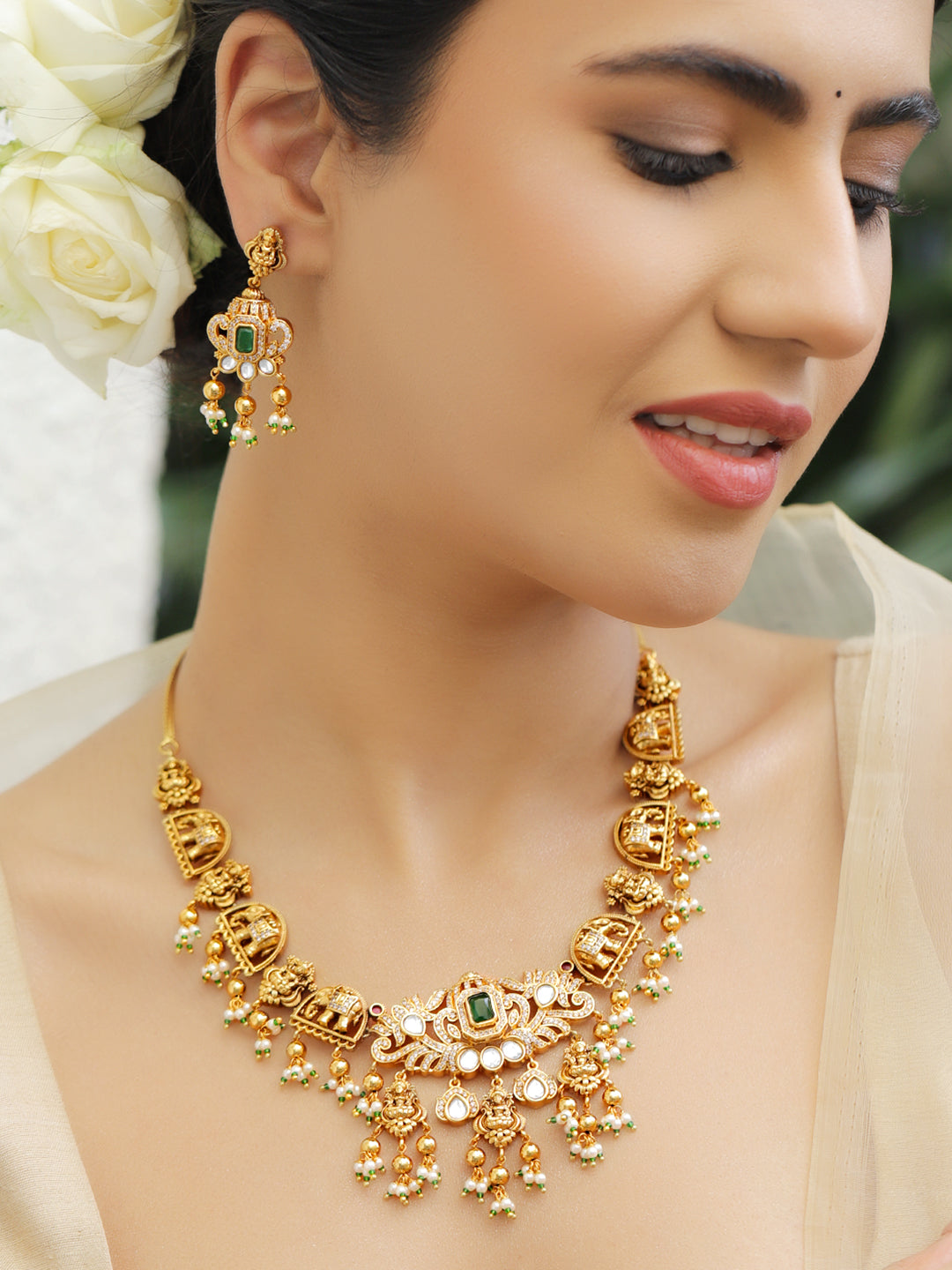 Lakshmi with Elephant Motif Necklace Set フリーサイズ