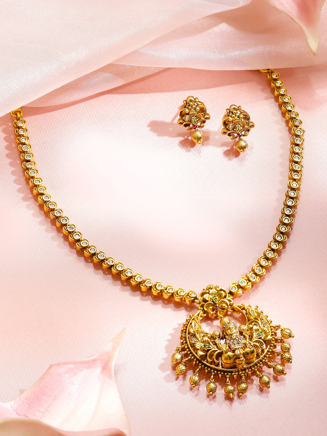 White Studded Temple Necklace Set フリーサイズ