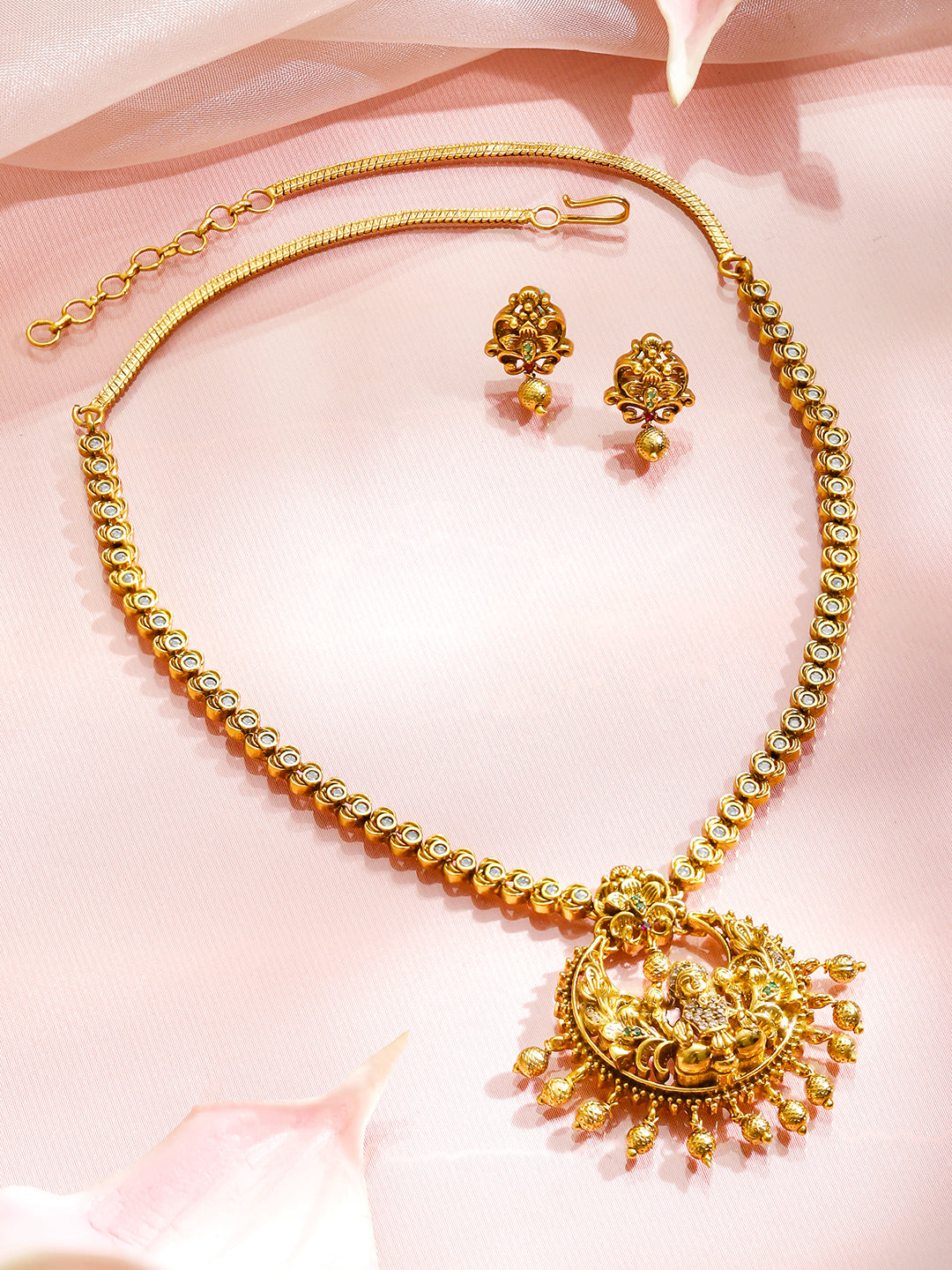 White Studded Temple Necklace Set フリーサイズ