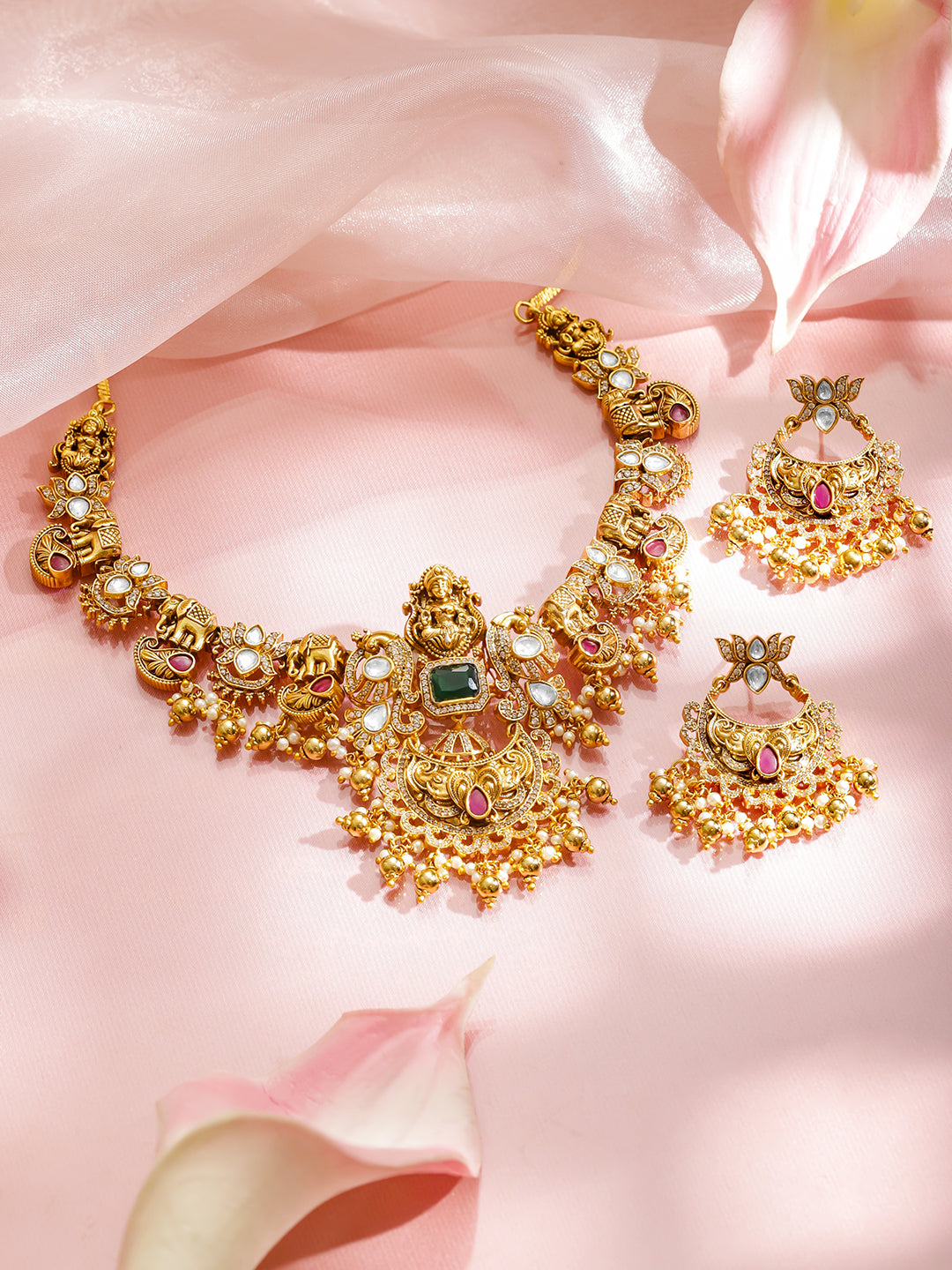 Temple Blessings Green Lakshmi Necklace Set フリーサイズ