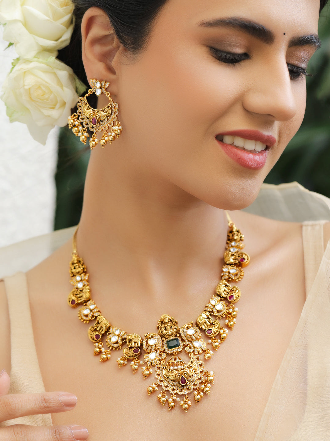 Temple Blessings Green Lakshmi Necklace Set フリーサイズ
